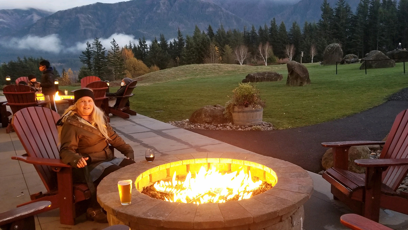 During Covid, Gorge locals enjoy winter trips at Skamania Lodge for their open pit fireplaces and outdoor dining and drinks.