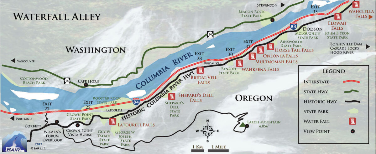 Popular Hikes Columbia River - Map Waterfall Alley 1200x493 