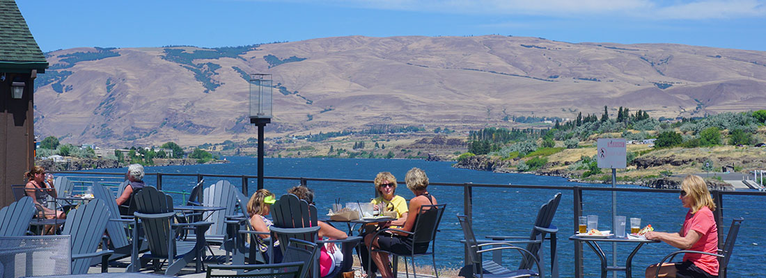 Patio dining in the eastern Gorge with a view of the Columbia River