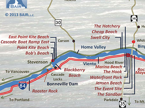 Water sports map of launch sites in the Columbia River Gorge for both Washington and Oregon