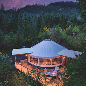 Columbia Gorge Getaways is a glamping resort with luxury yurts on 400 acres of reclaimed timberland.