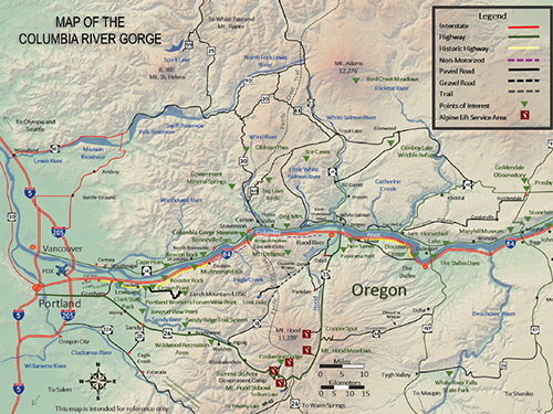 A map displaying Columbia River Gorge and surrounding area travel in Oregon and Washington