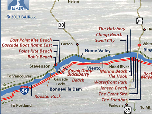 Water sports map of launch sites in the Columbia River Gorge for both Washington and Oregon