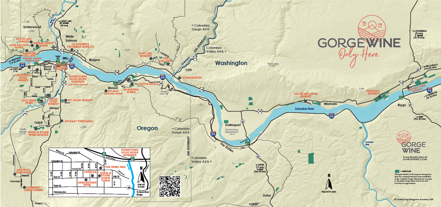 Use the Gorge Wine map to plan your tour of Columbia Gorge wine country in both Oregon and Washington